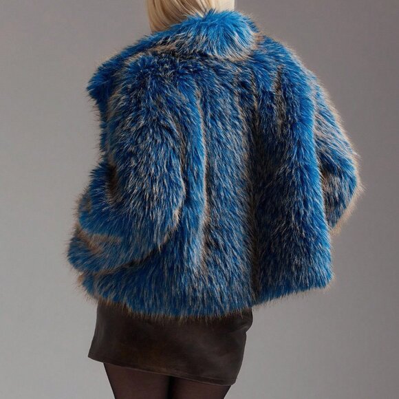 Blue Casual Women's Minimalist Faux Fur Stand Collar Coat - Picture 2 of 5